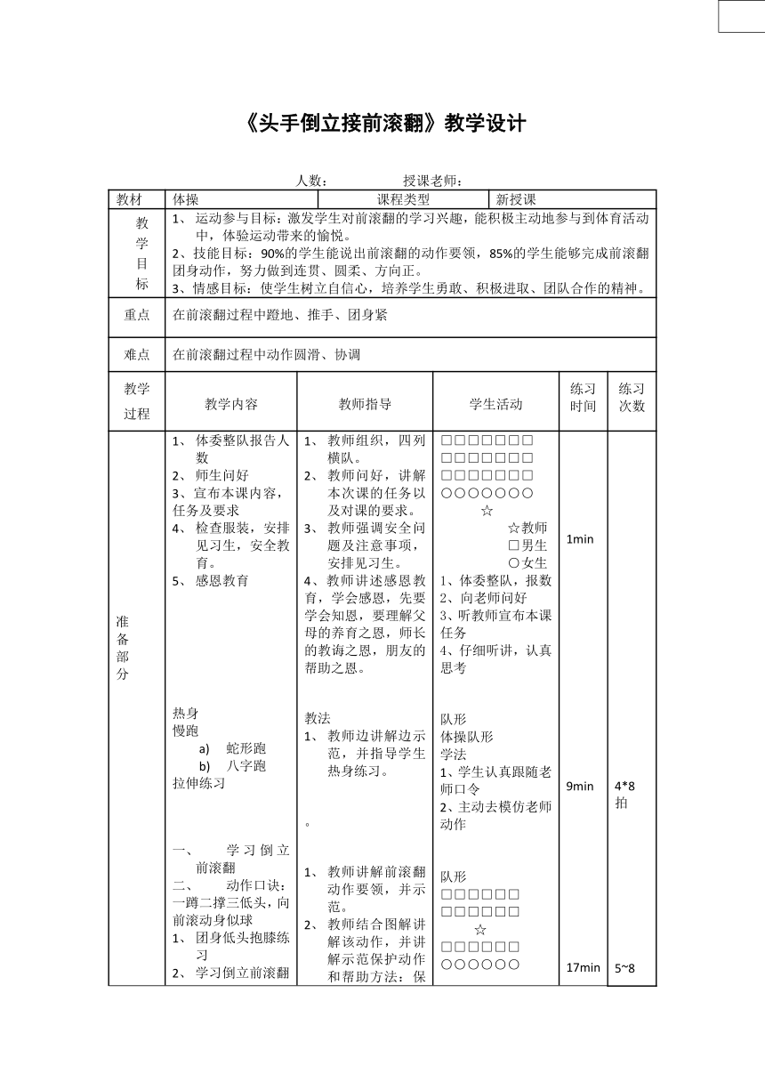 2021-2022学年高中体育与健康人教版全一册《头手倒立接前滚翻》教学设计