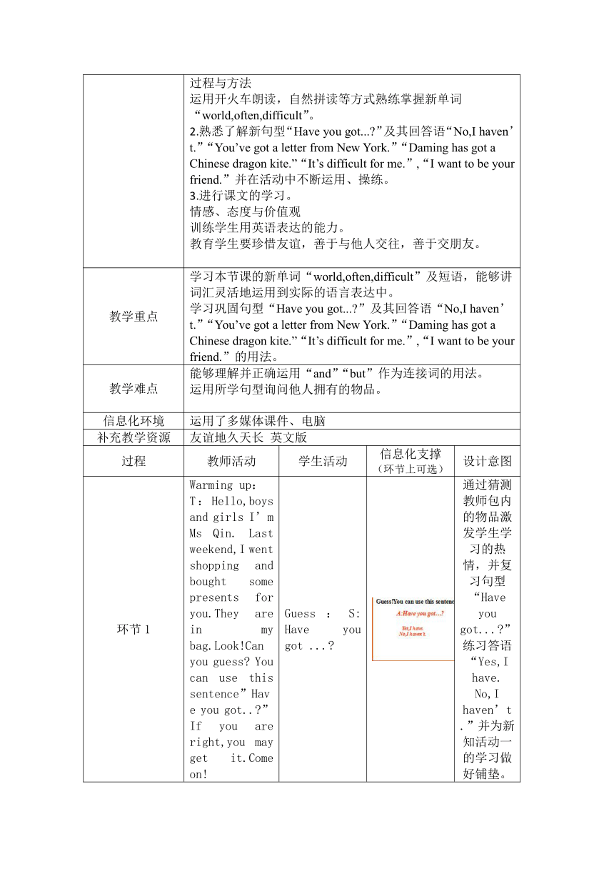 Module6  Unit 1 You’ve got a letter from New York 表格式教案（含反思）