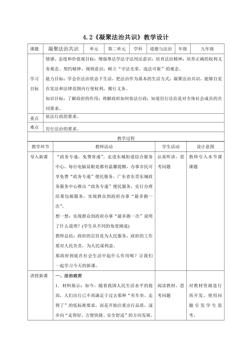 4.2 凝聚法治共识  教学设计（表格式）