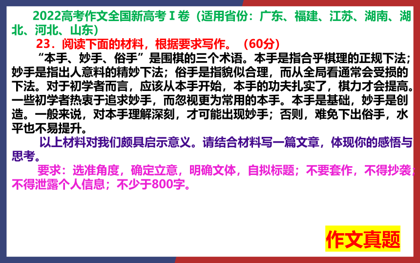 2022年全国新高考Ⅰ卷作文“本手、妙手、俗手”名师解析及素材、范文讲评课件（37张PPT）