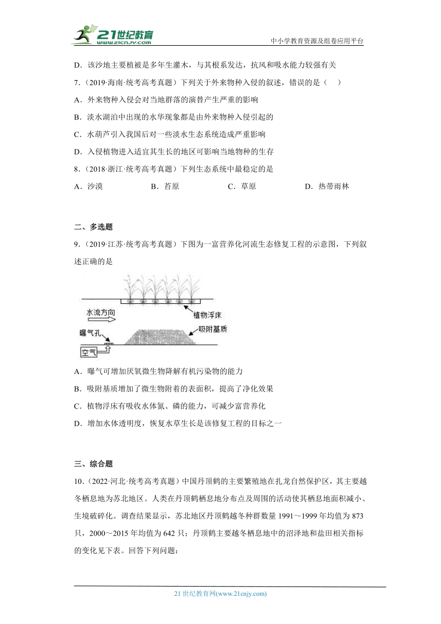 五年2018-2022高考生物真题按知识点分类汇编81生物与环境-生态系统的自我调节能力（含解析）