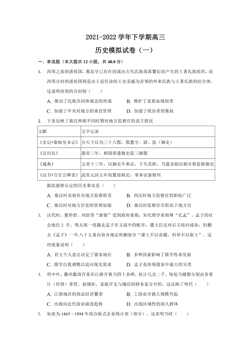 河北省张家口市宣化区2022届高三下学期模拟（一）历史试卷（Word版，含部分解析答案）