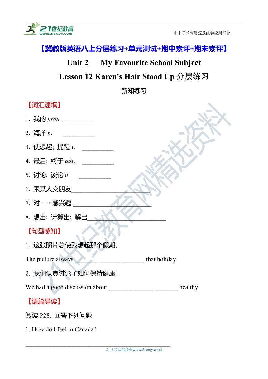 （新课标）Unit 2 Lesson 12 Karen's Hair Stood Up分层练习（含答案）