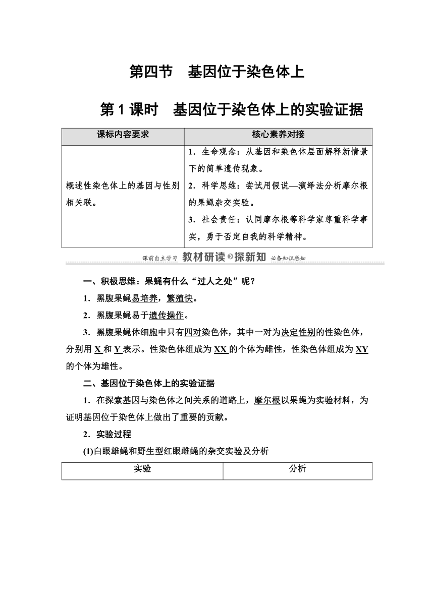 2020-2021学年苏教版（2019）高中生物： 必修2 第1章 第4节 第1课时 基因位于染色体上的实验证据 学案 （Word版含解析）