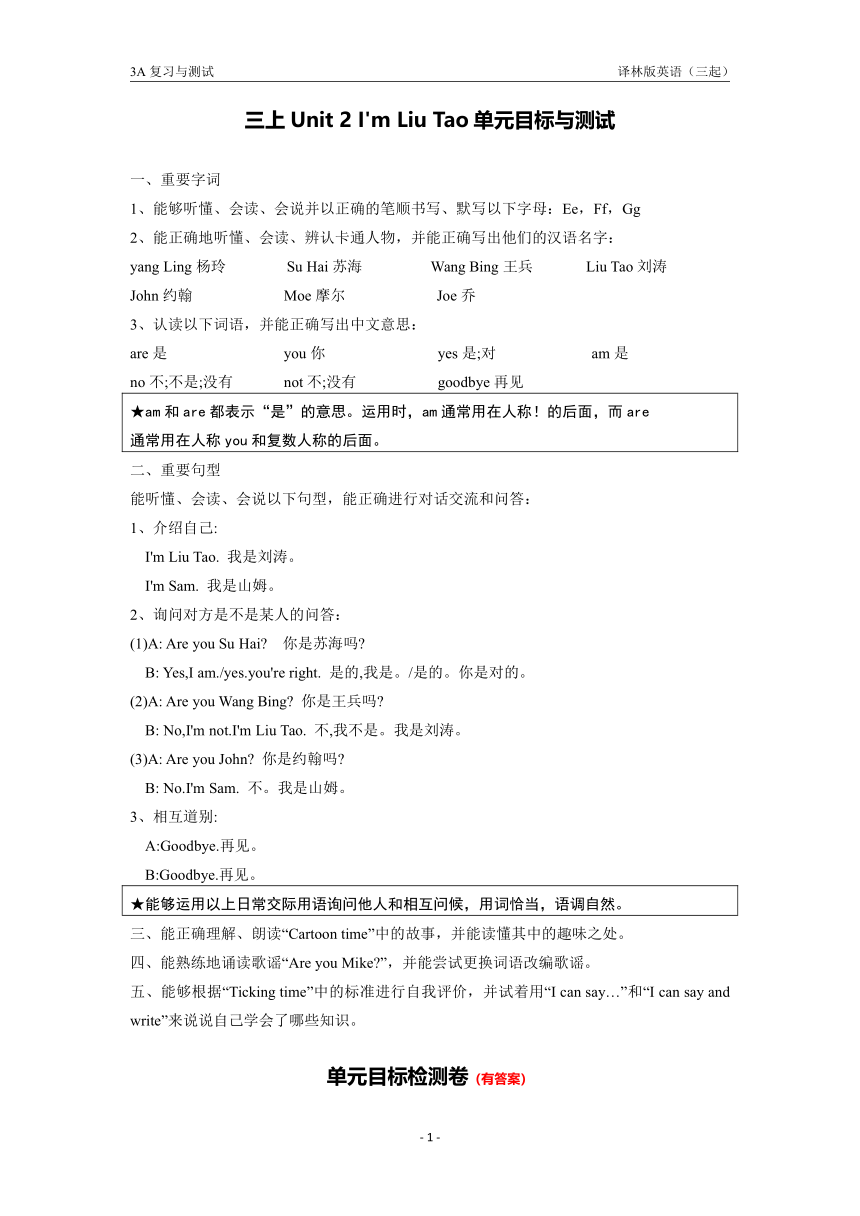 译林版英语三年级上册Unit2知识点复习与考点精练（有答案）