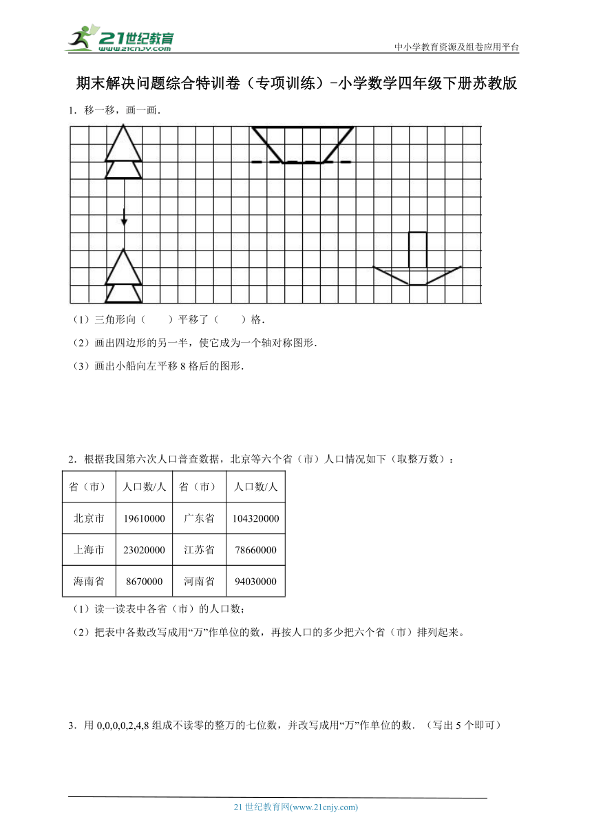 期末解决问题综合特训卷（专项训练）-小学数学四年级下册苏教版（含答案）