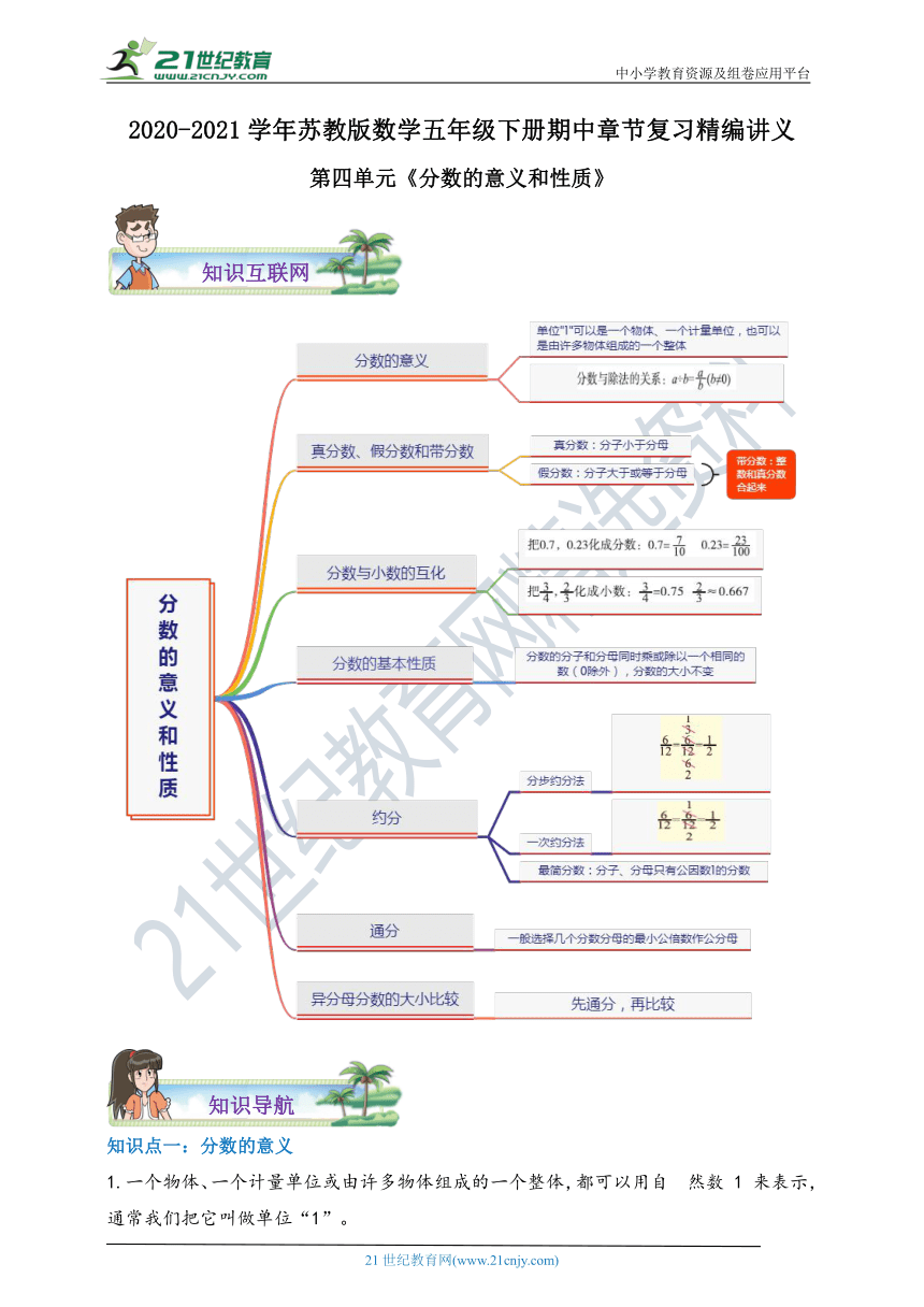 2020-2021学年苏教版数学五下第四单元《分数的意义和性质》期中章节复习精编讲义（含解析）