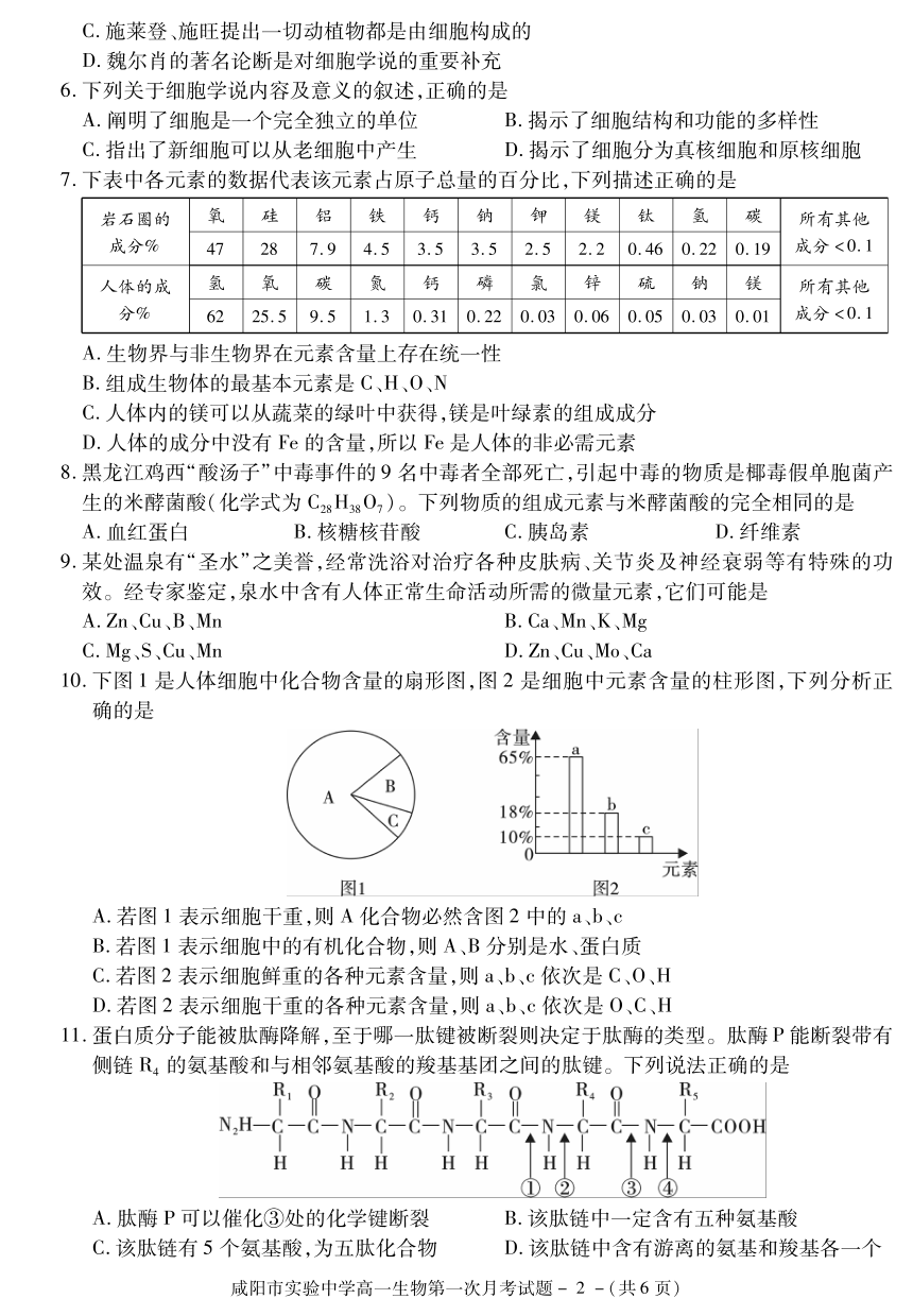 陕西省咸阳市实验高级中学2021-2022学年高一上学期第一次月考生物试卷（PDF版含答案）