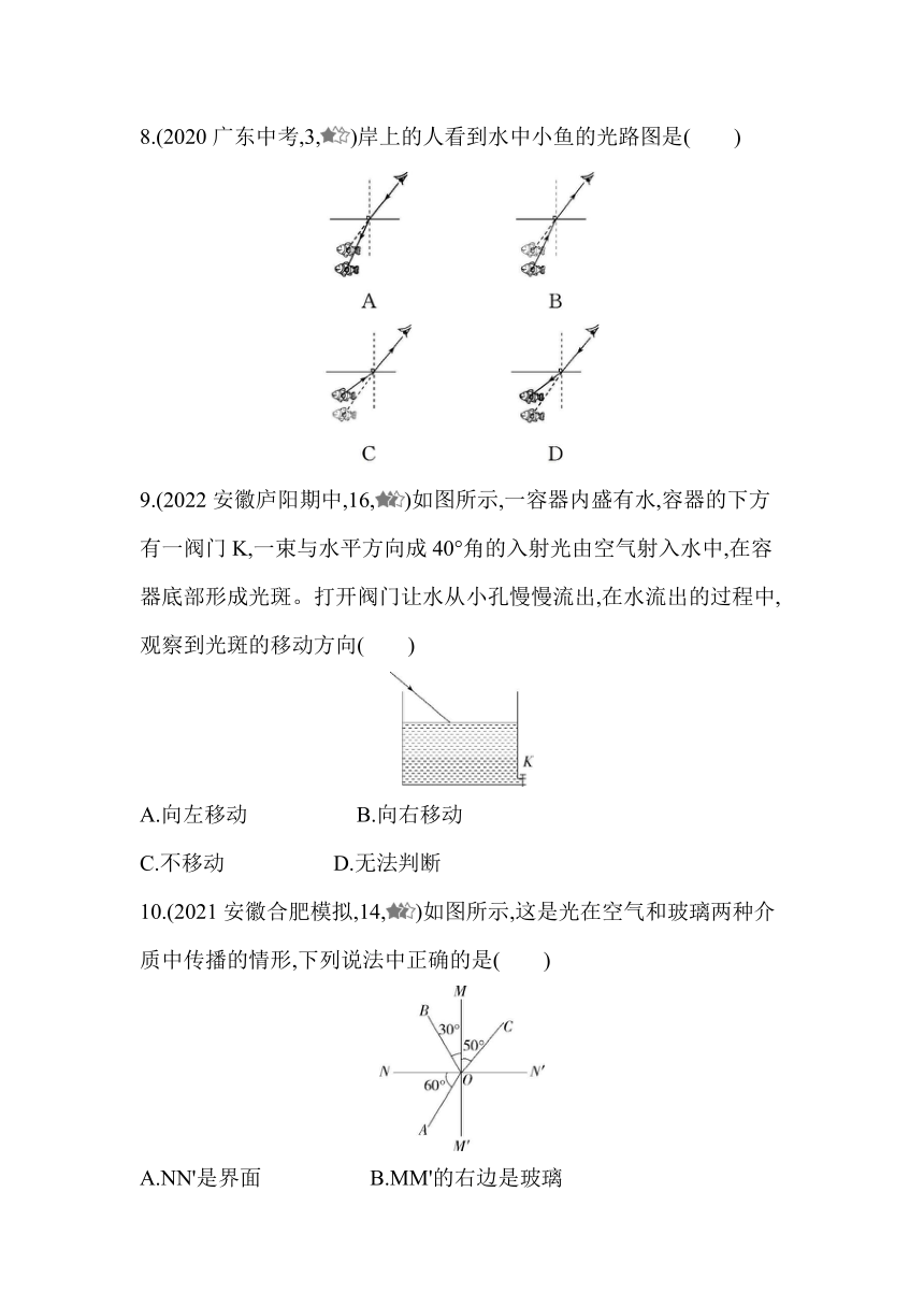 沪粤版八年级物理上册3.4　探究光的折射规律同步练习（含解析）