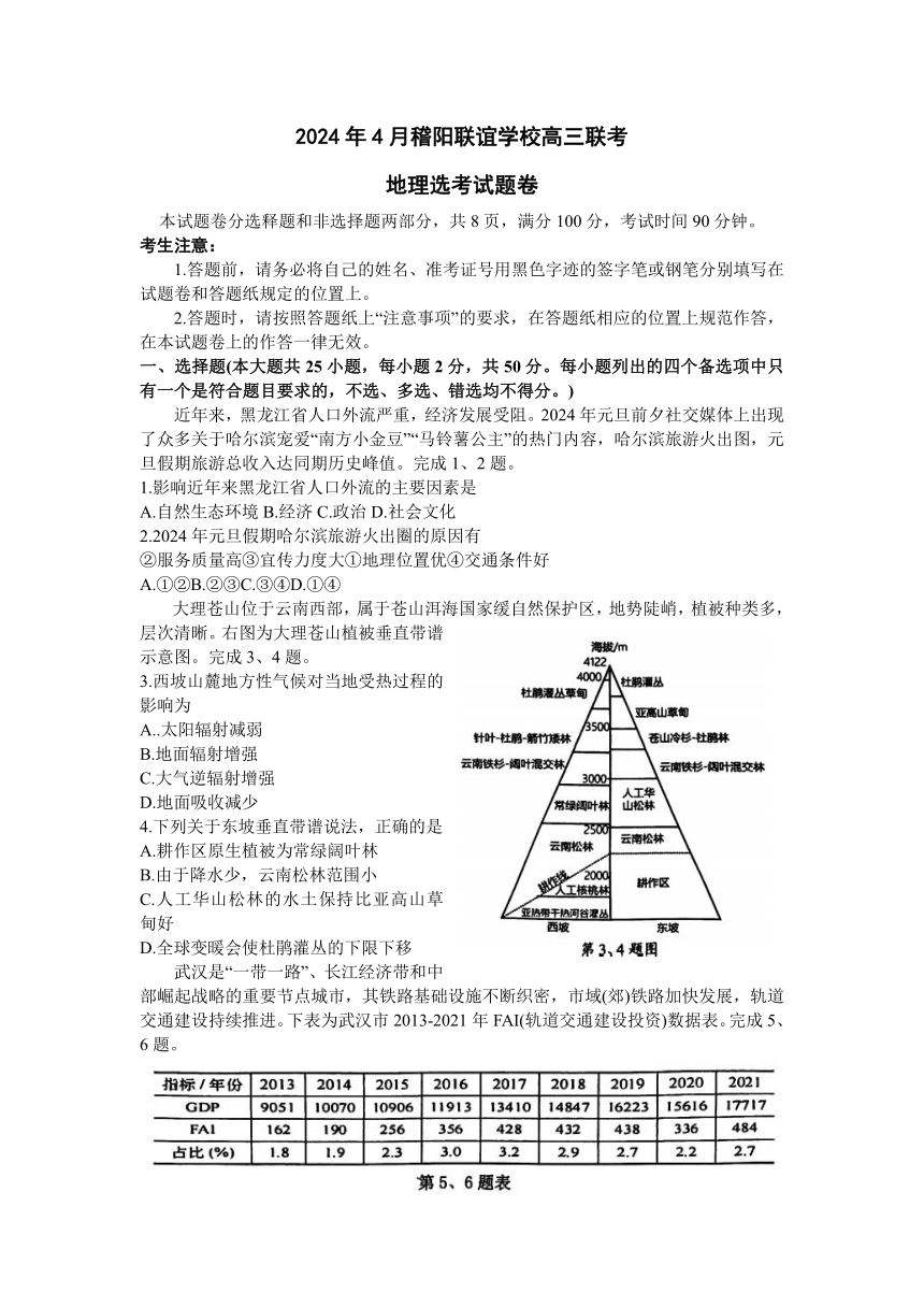 2024届浙江省稽阳联谊学校高三4月联考（二模）地理试题（含答案）