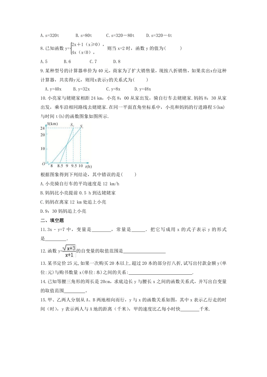 6.1   函数   同步练习卷    2021--2022学年苏科版八年级数学上册（word版含答案）