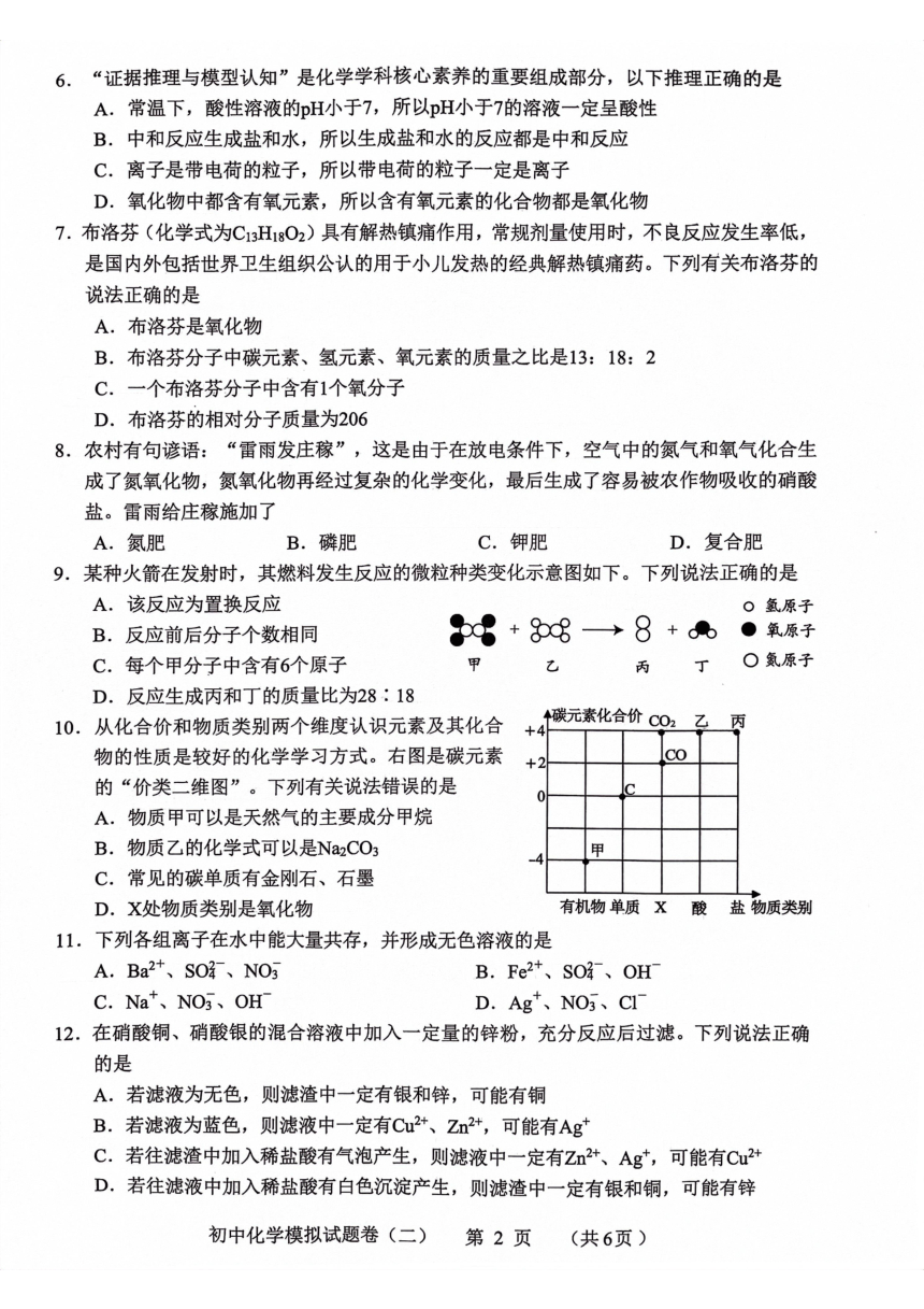 2023年湖南省常德市初中学业水平模拟考试 化学试题卷（二）(图片版无答案）
