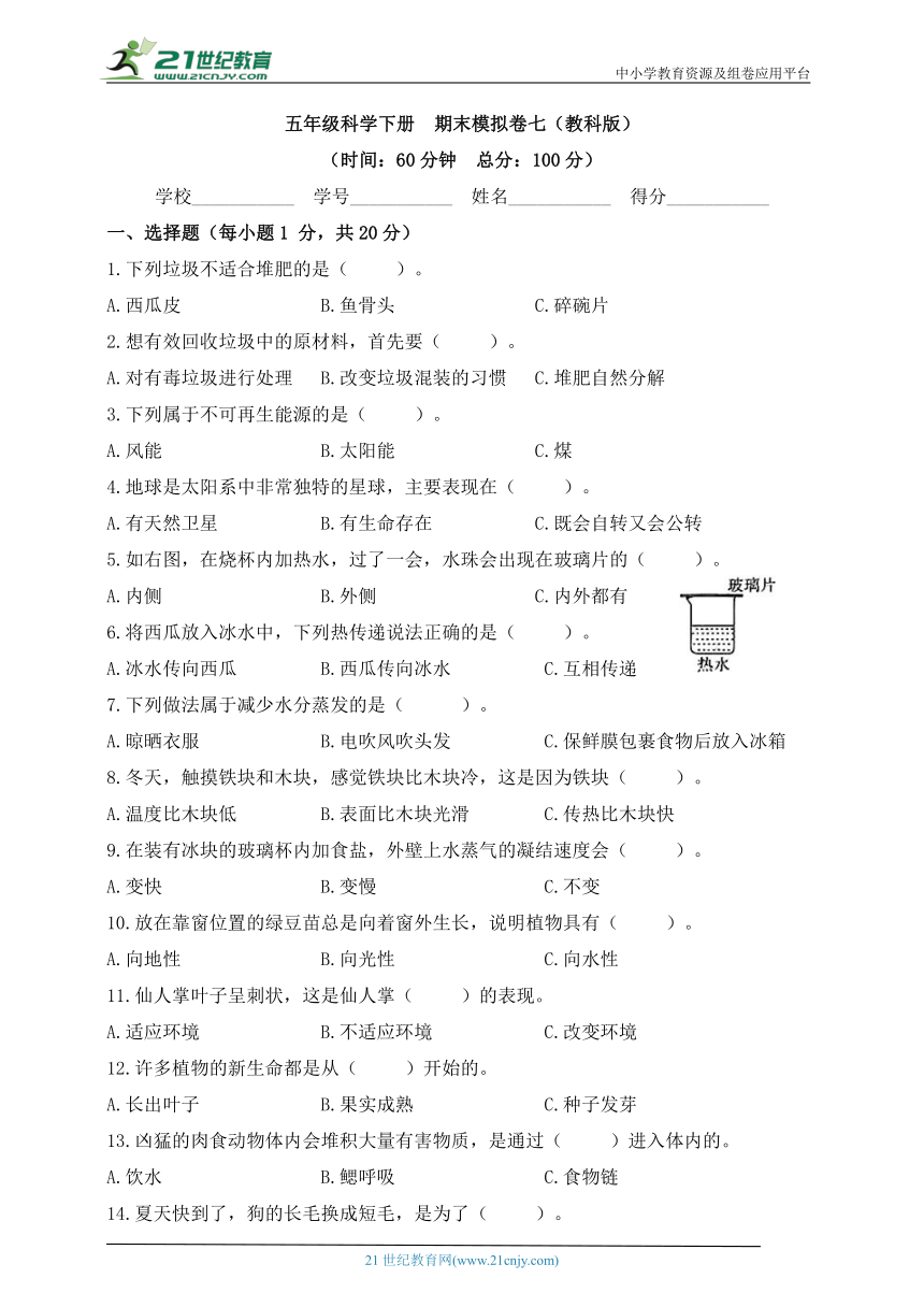 五年级科学下册（教科版）期末检测模拟卷（七）含答案