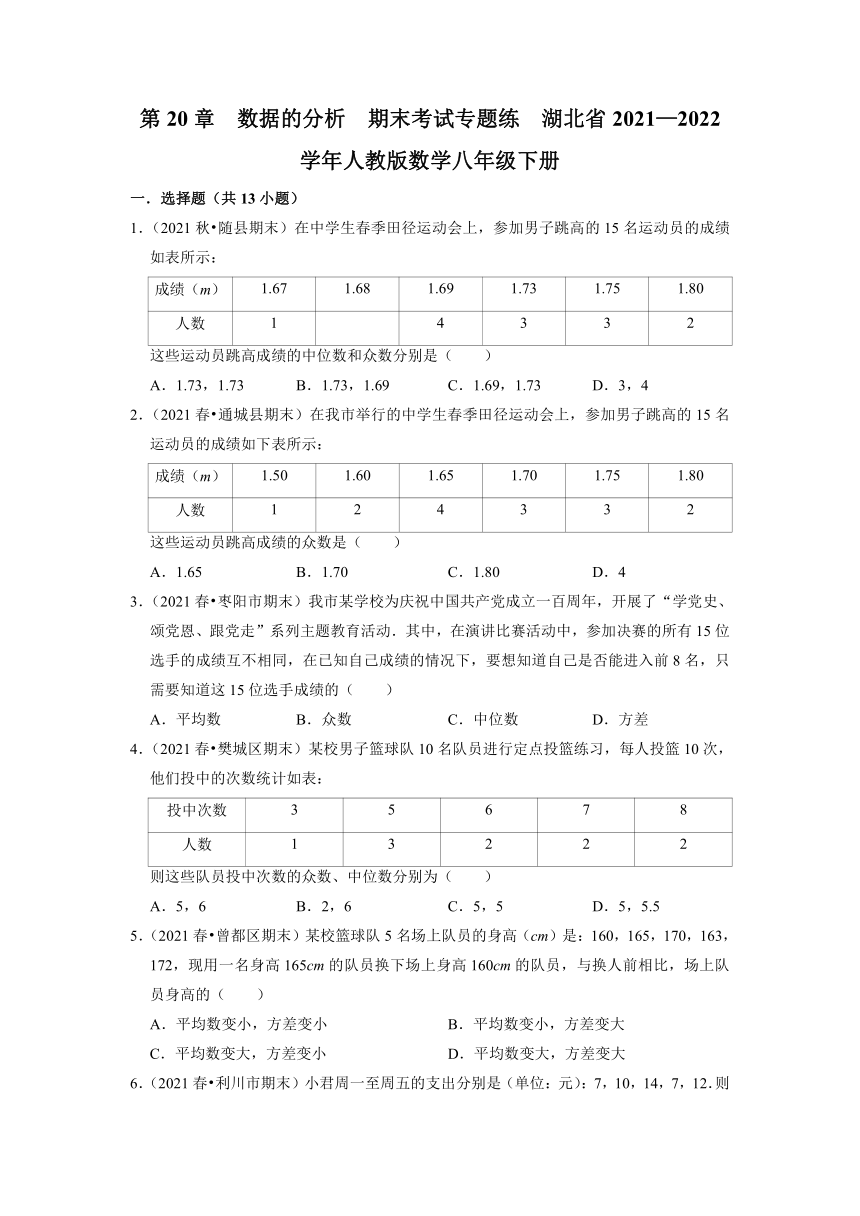 湖北省2021—2022学年人教版数学八年级下册第20章　数据的分析　期末考试专题练（word版、含解析）