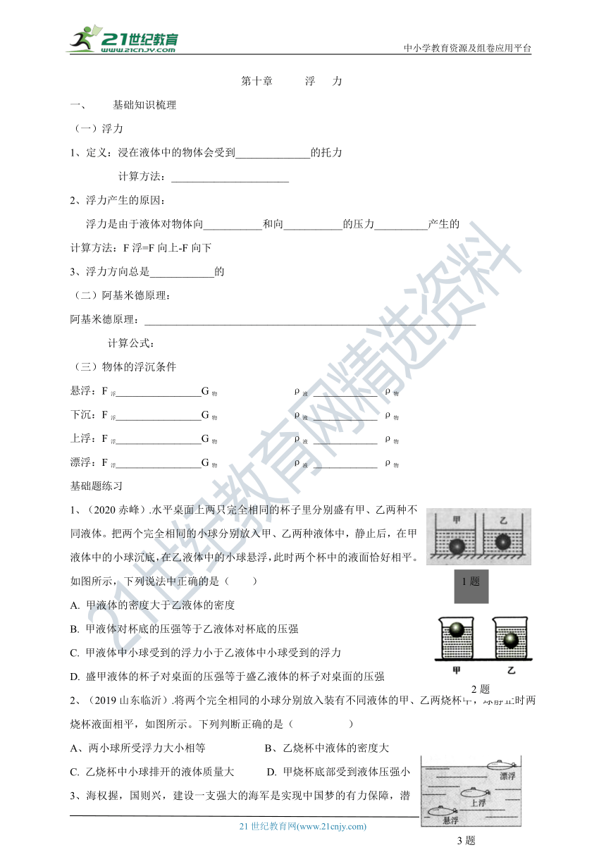 2021年人教版中考物理一轮复习学案 第十章 浮力 基础知识梳理+基础题练习+基础实验归纳