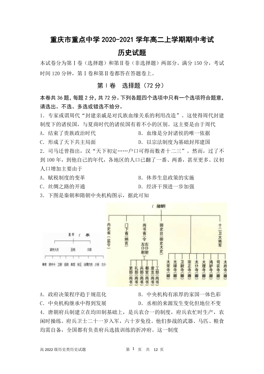 重庆市重点中学2020-2021学年高二上学期期中考试历史试题 Word版含答案