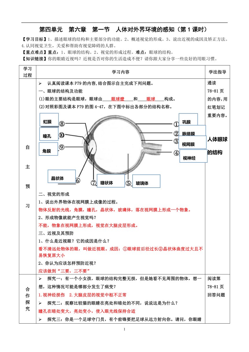 2022-2023学年度人教版生物七年级第二学期生物同步课程4.6.1 人体对外界环境的感知 （附答案）