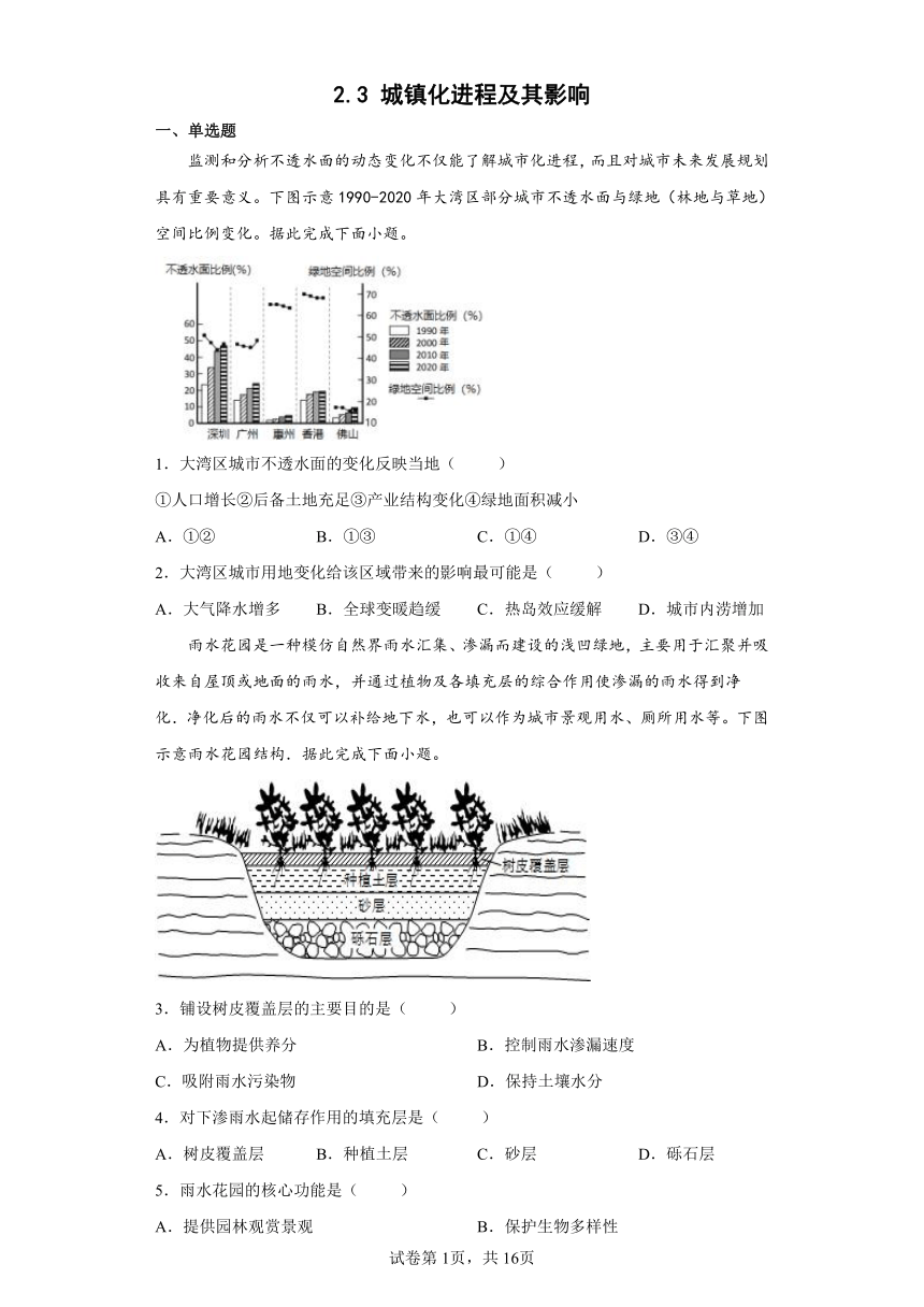 2.3 城镇化进程及其影响- 同步练习 （word版含答案）