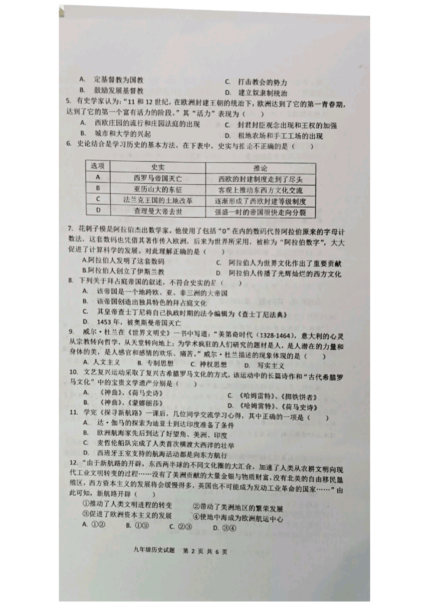 重庆市江津白沙中学等四校2022-2023学年九年级上学期第二次命题竞赛历史试题（扫描版无答案）