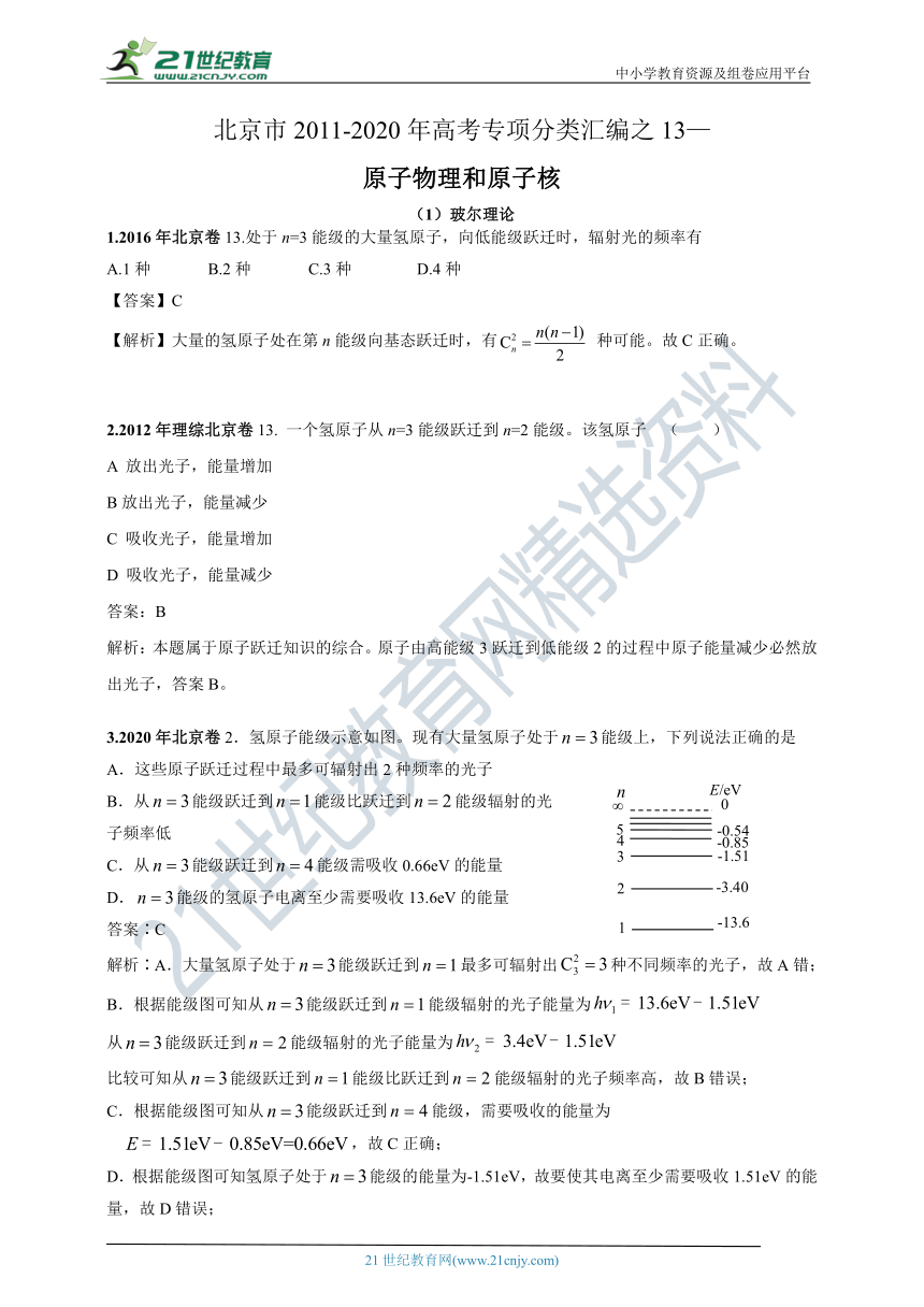 北京市2011-2020年高考物理专项分类汇编之13—原子物理和原子核（解析卷）