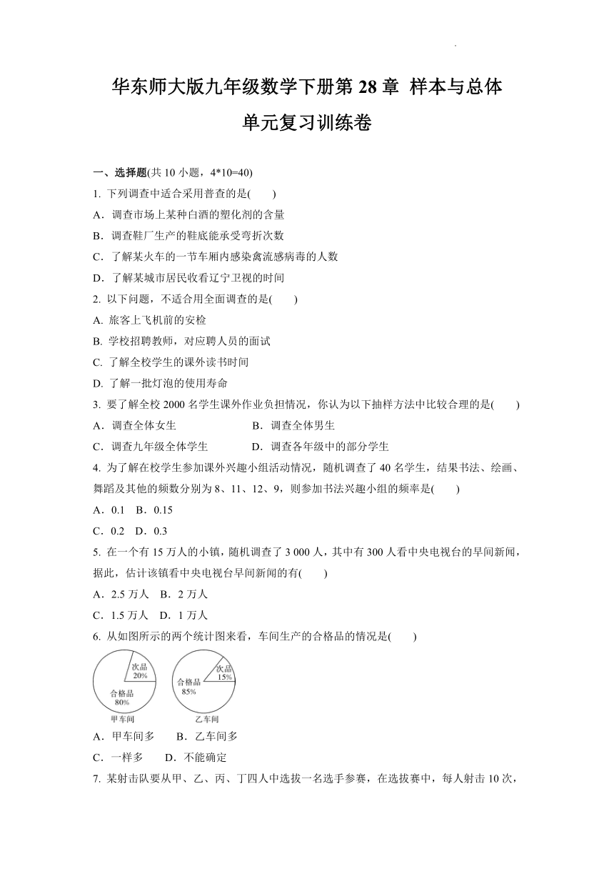 2021-2022学年华东师大版九年级数学下册第28章样本与总体 单元复习训练卷（word版含答案）