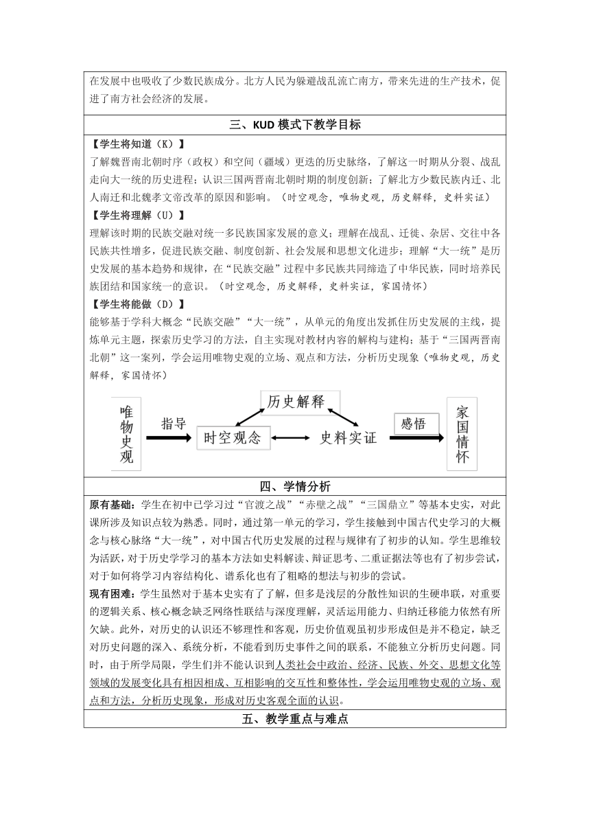 高中历史 统编版（部编版）第5课 三国两晋南北朝的政权更迭与民族交融 教学设计（表格式）必修 中外历史纲要（上）第二单元 三国两晋南北朝的民族交融与隋唐统一多民族封建国家的发展