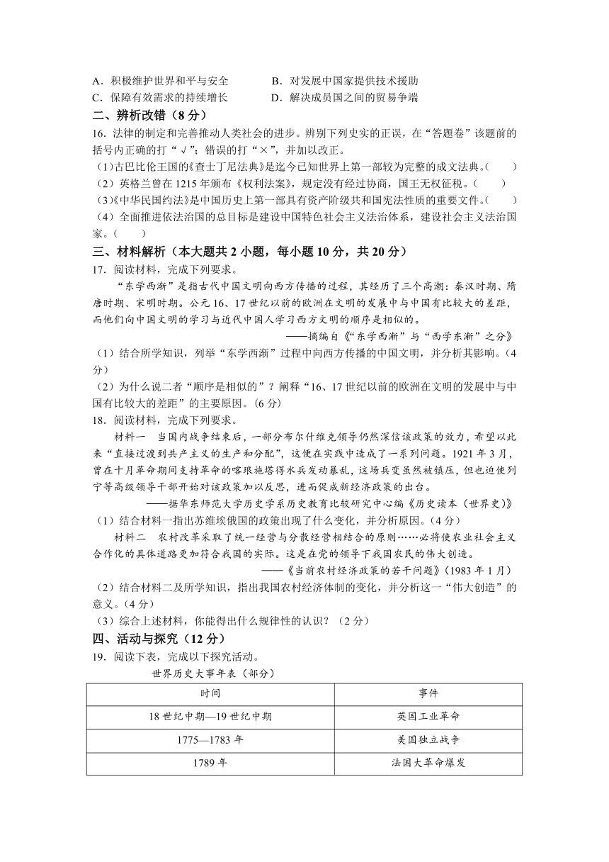 2023年安徽省全椒县四校中考一模历史试题（含答案）