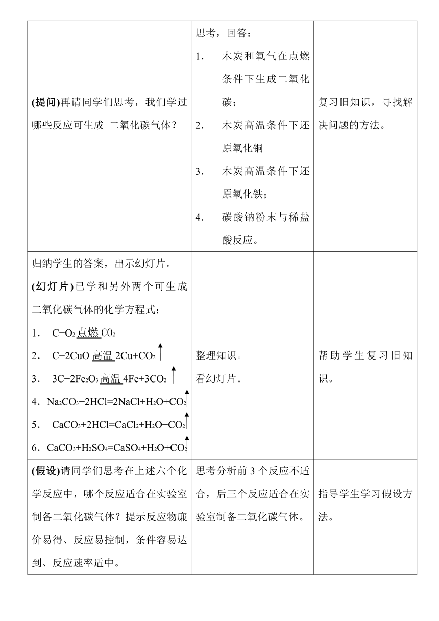 人教版（五四学制）化学八年级全册第六单元二氧化碳制取的研究复习教案（表格型）