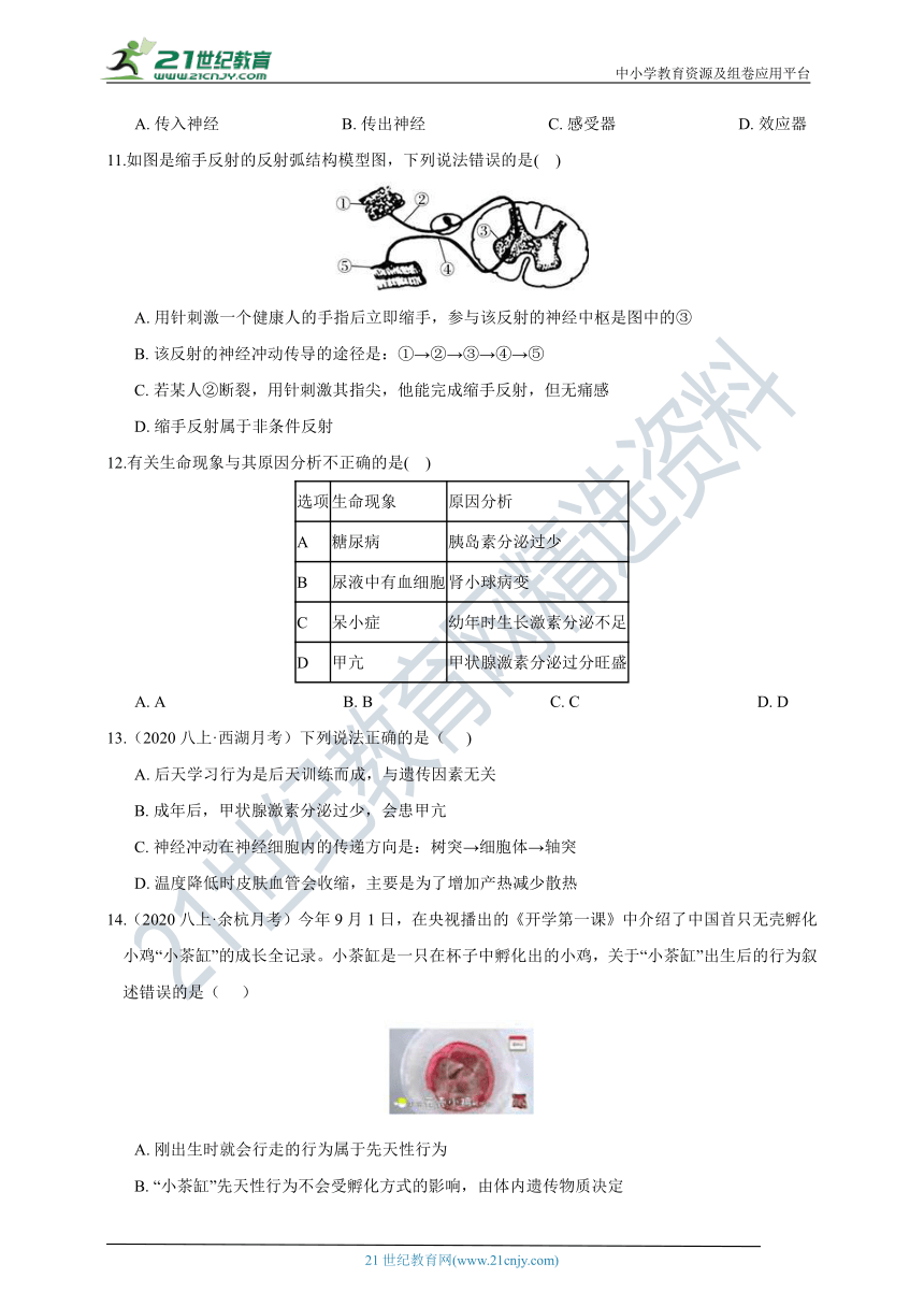 【章末综合能力测试】浙教版8年级上册 第3章 生命活动的调节 综合能力测试（B卷）（含答案）