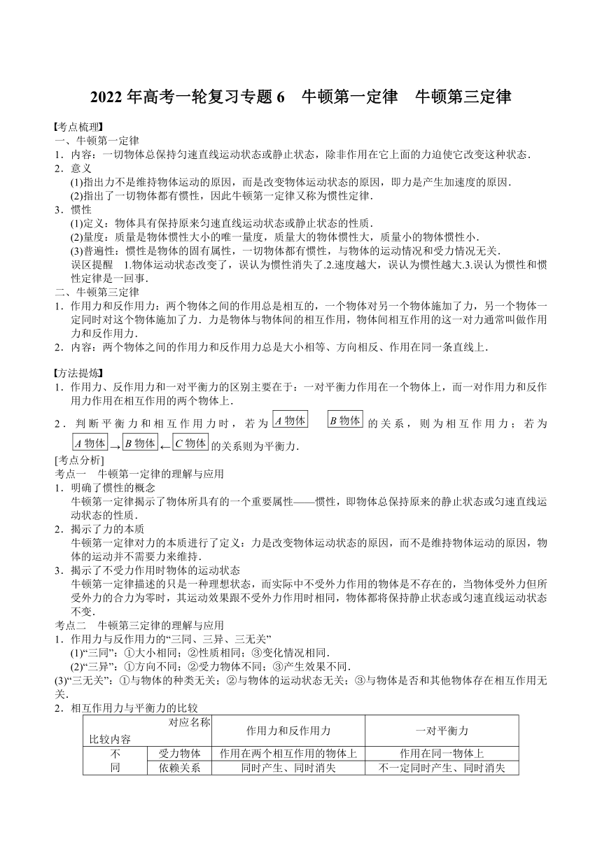 2022届高考物理一轮复习导学案：专题6 牛顿第一定律 牛顿第三定律word版含答案