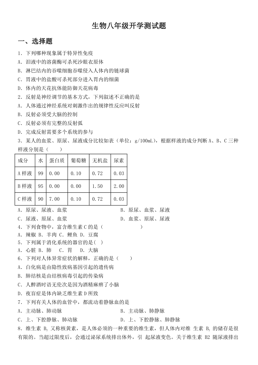 山东省菏泽市成武县育青中学2022-2023学年八年级上学期开学考试生物试题(word版  含答案）