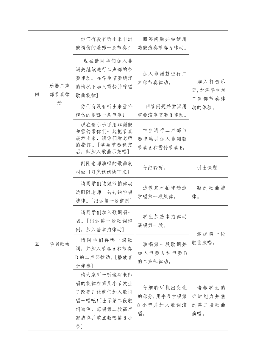 人音版（简谱） 六年级上册 3.4 月亮姐姐快下来 教案（表格式）