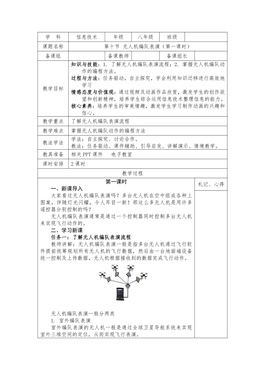 第一单元1.10.无人机编队表演（2课时）教案（表格式）2022-2023学年甘教版（2021）初中信息技术八年级下册