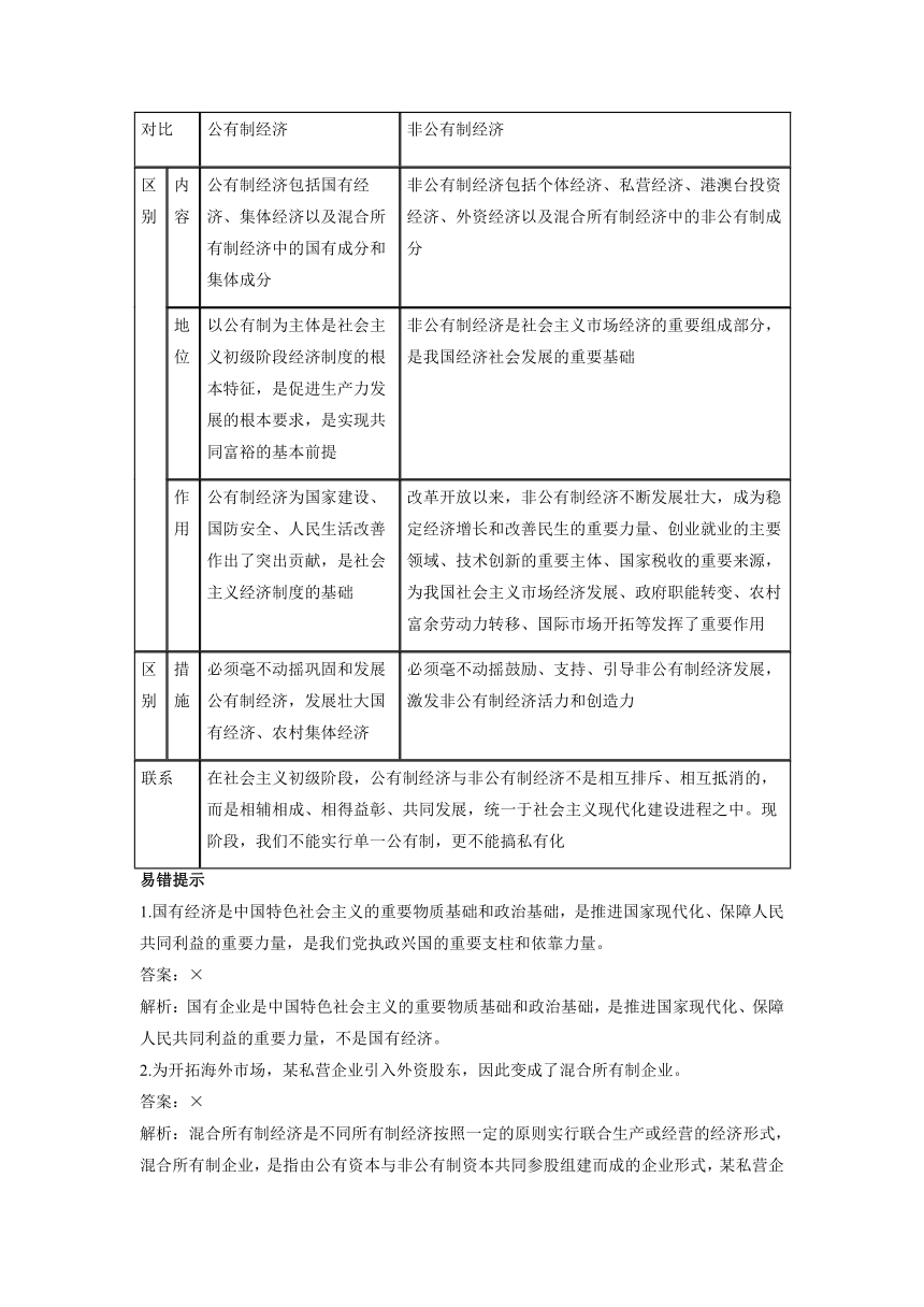 1.1 公有制为主体 多种所有制经济共同发展 学案（含答案） -2022-2023学年高中政治统编版必修二经济与社会