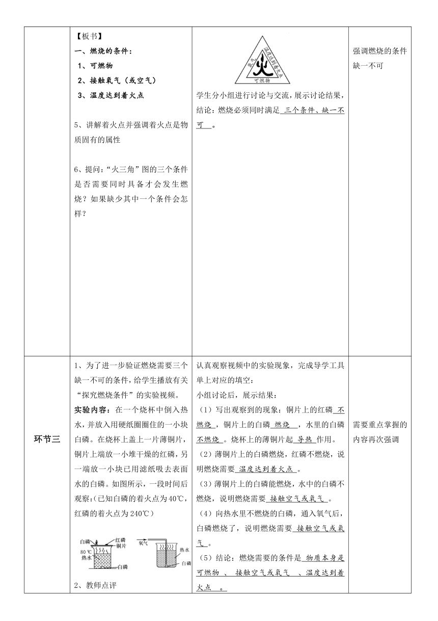 粤教版初中化学九年级上册  3.3  燃烧条件与灭火原理  教案 （表格式）