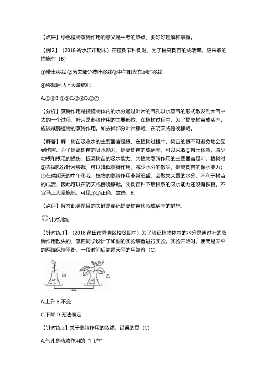 人教版生物七年级上册 3.3 绿色植物与生物圈中的水循环学案（教师版 含答案）