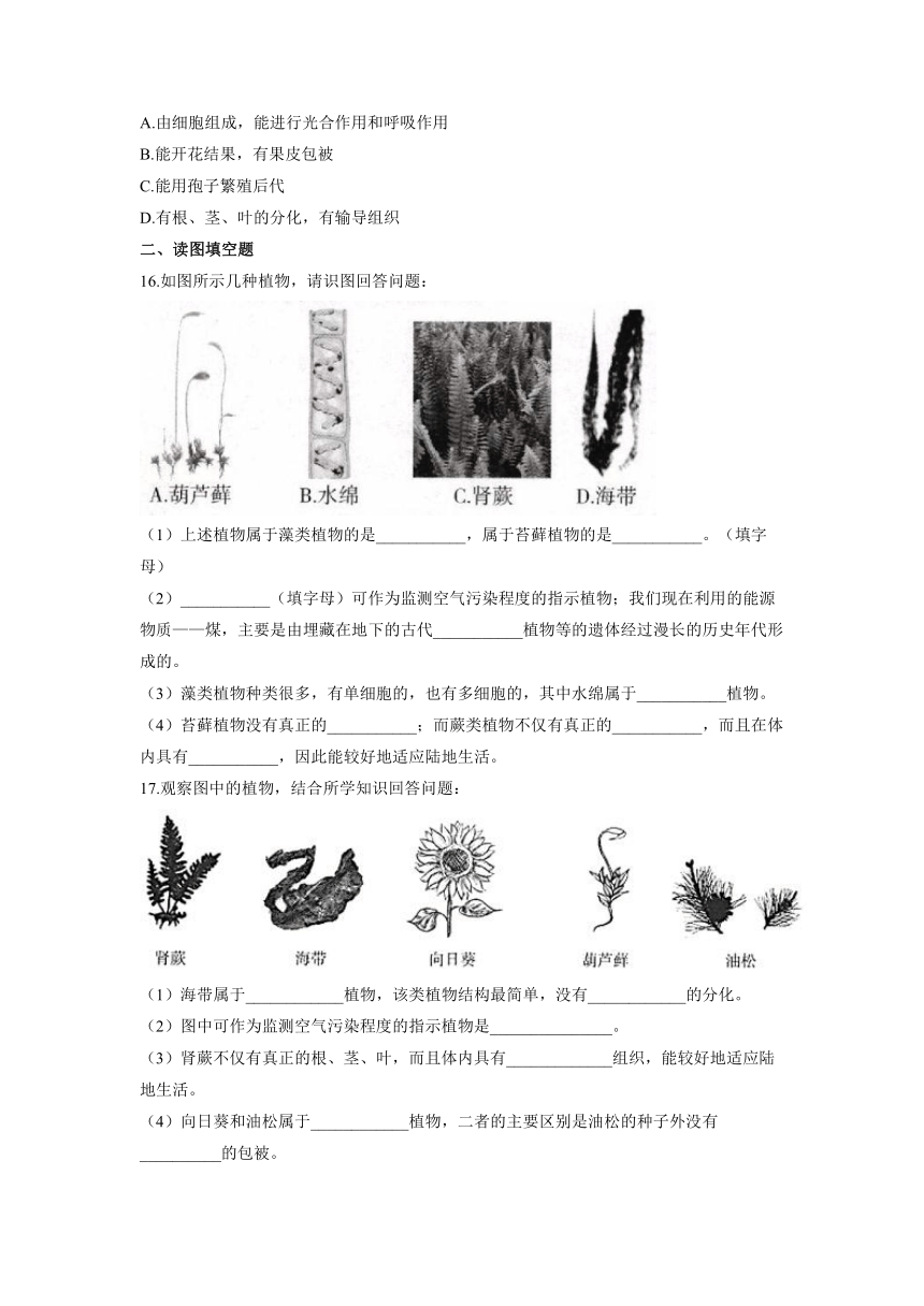 第三单元第一章 生物圈中有哪些生物 章检测题 能力提升  （word版含解析）2021-2022学年人教版七年级生物 上册