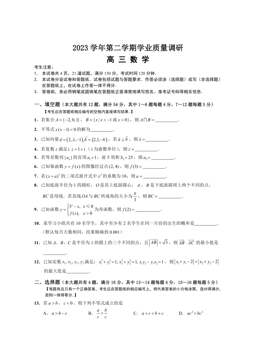 上海市崇明区2024届高三下学期学业质量调研数学试题（含答案）