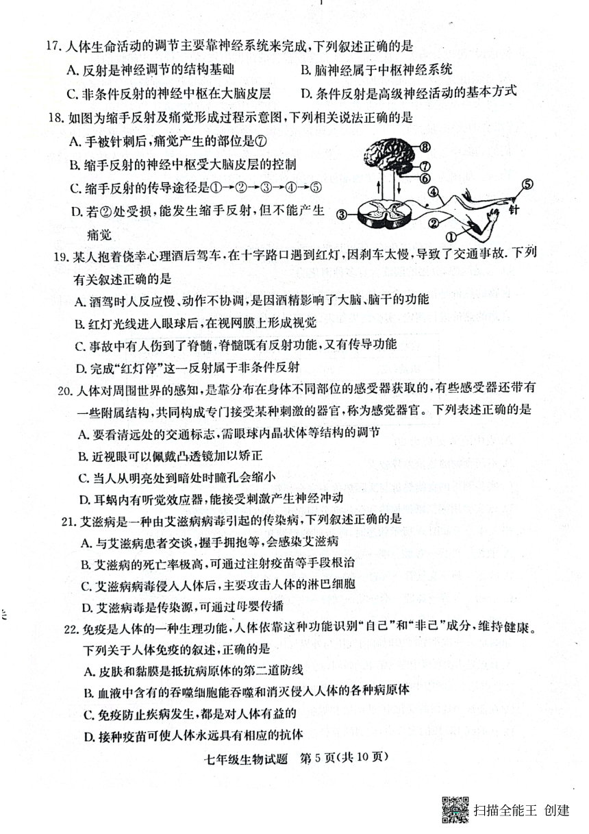 山东省滨州市2022-2023学年七年级下学期期末生物试题（图片版无答案）