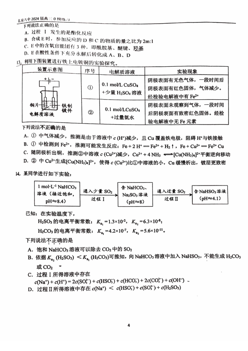 北京市第八中学2023-2024学年高三零模化学试卷（PDF版，无答案）