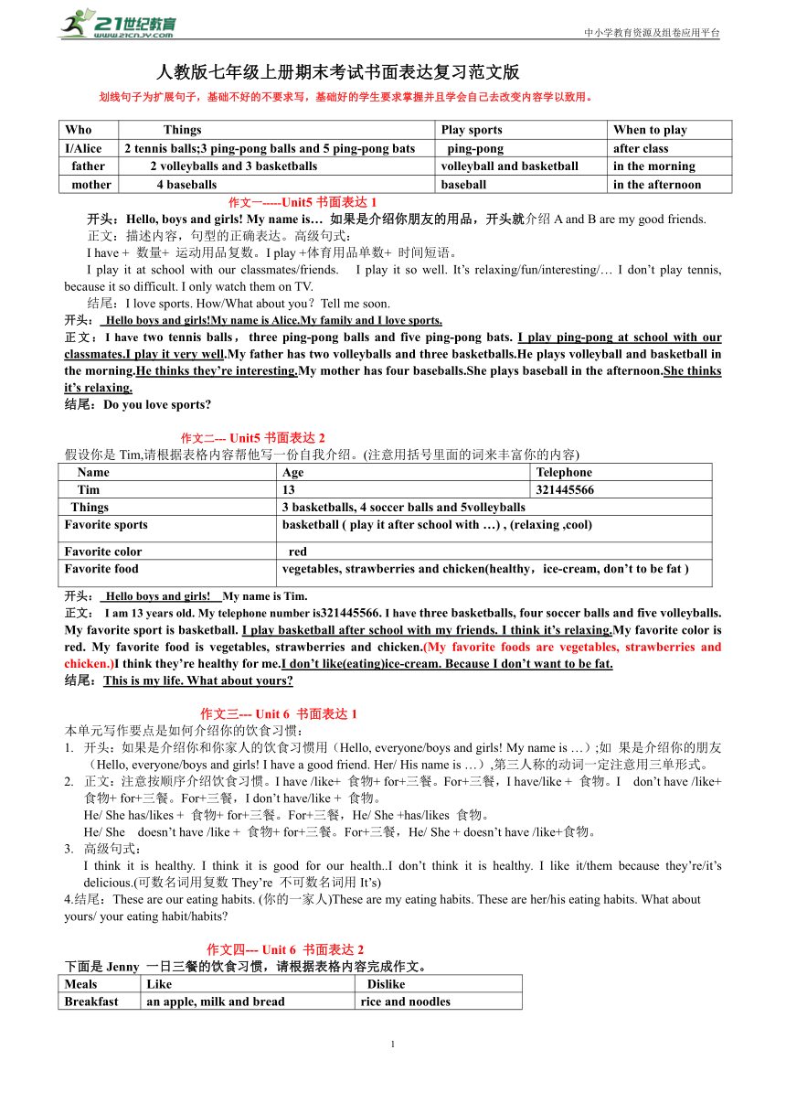 人教新目标英语七年级上学期期末书面表达范文版（unit 5--unit 9）