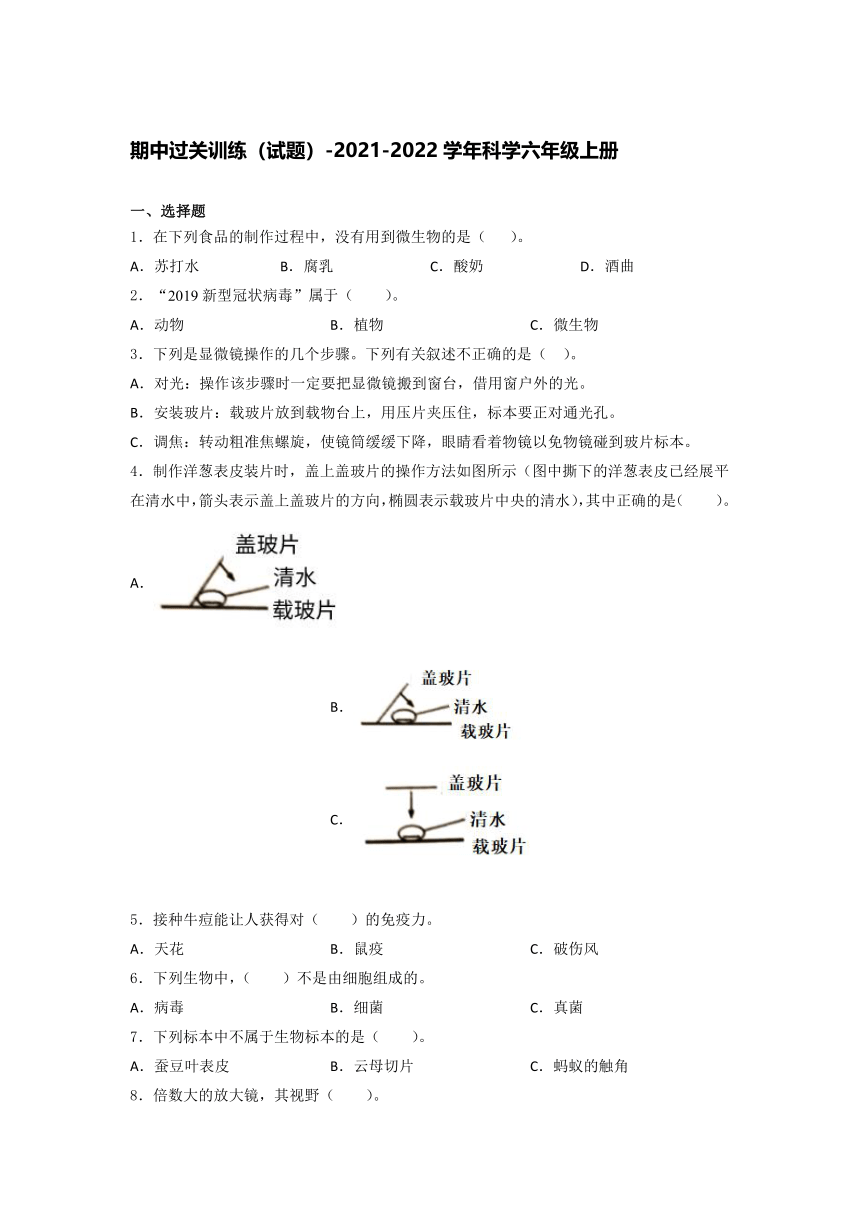 教科版（2017秋）2021-2022 学年科学六年级上册上册期中过关训练 试题（含答案）