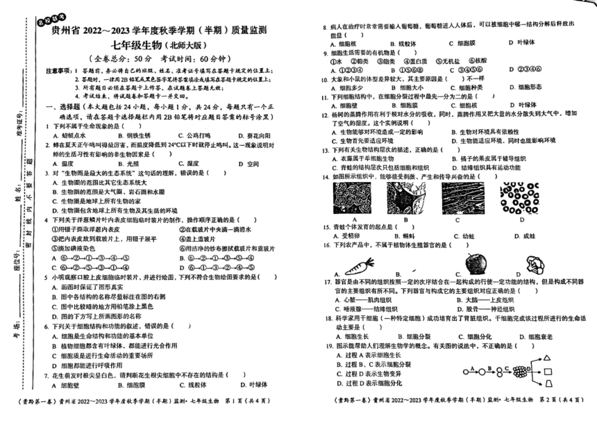贵州省遵义市余庆县2022-2023学年七年级上学期期中生物试题（PDF版，含答案）