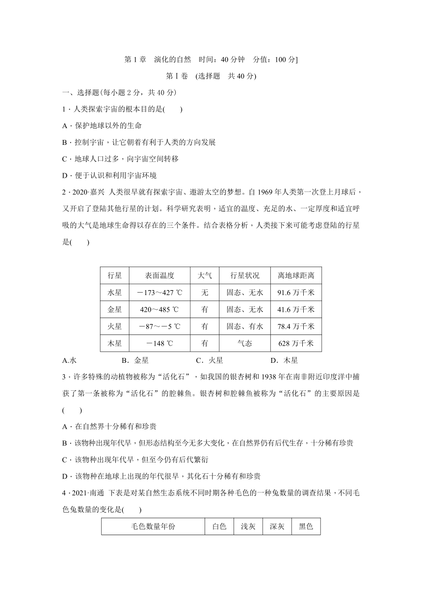 浙教版科学九年级下册同步提优训练：第1章　演化的自然  综合提升卷（含解析）