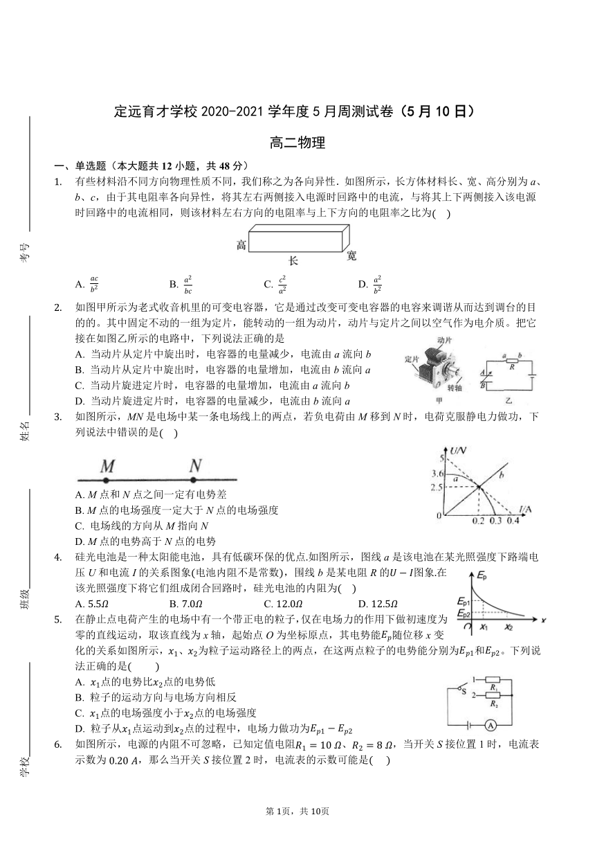 安徽省定远县育才学校2020-2021学年高二下学期5月周测（5.10）物理试题 Word版含答案