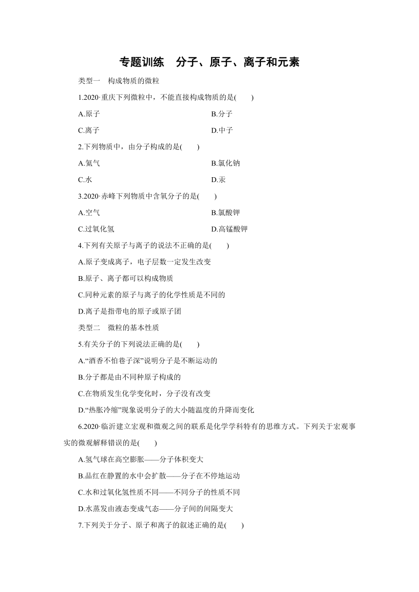 粤教版化学九年级上册课课练：专题训练 分子、原子、离子和元素（word版有答案）