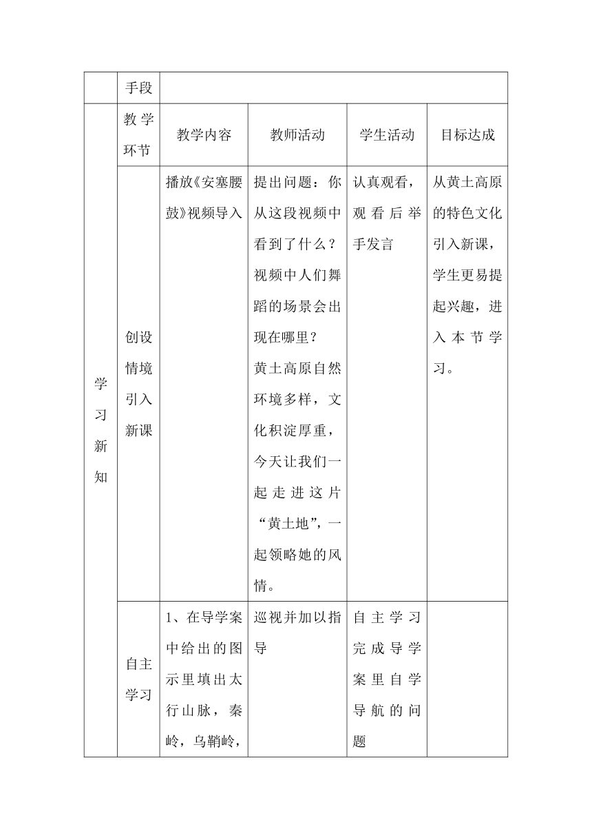 商务星球版初中地理八年级下册6.3黄土高原教案（表格式）