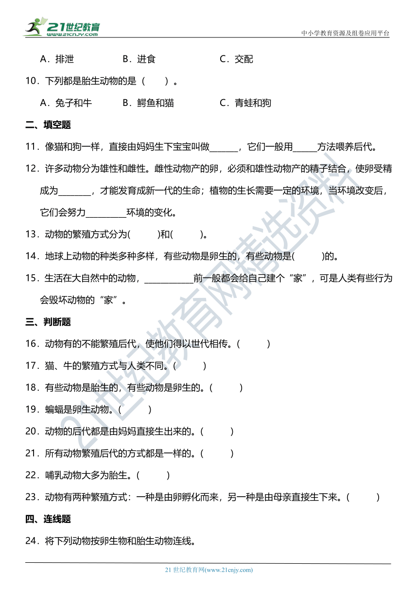 三年级科学下册2.7《动物的繁殖》知识梳理+同步练习（含答案）