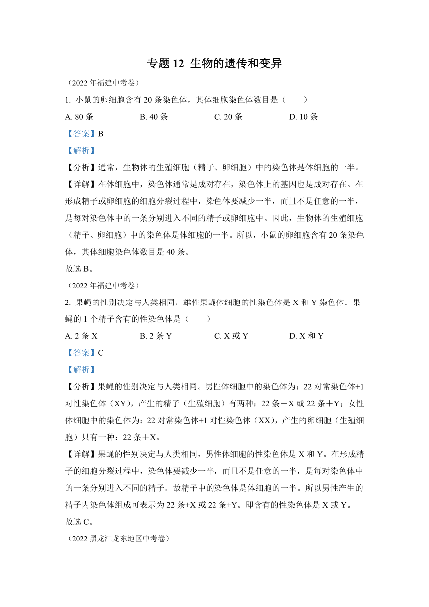 专题12 生物的遗传和变异-2022年中考生物真题（全国通用）（试题与答案未分开）