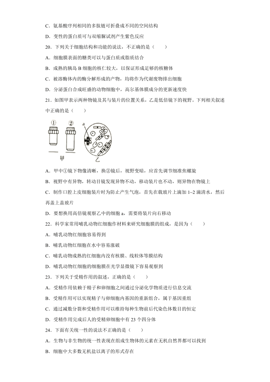 新疆维吾尔自治区喀什地区莎车县第一学校2021-2022学年高一上学期第三次质量检测生物试题（Word版含答案）